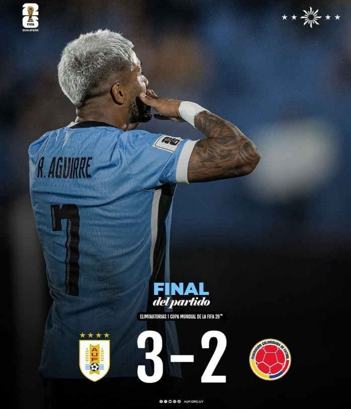 Uruguai vence a Colombia em partida com cinco gols